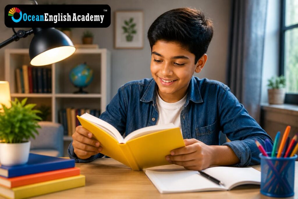 Student studying Our Books at home